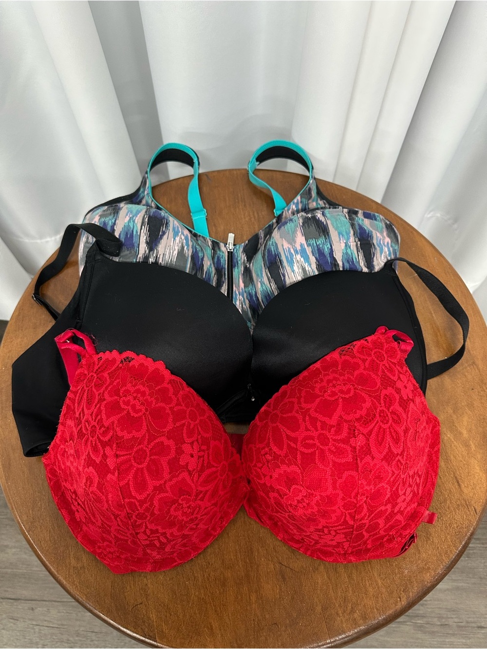 Victoria's Secret lot of 3 36DD - Red, Black & Teal Pattern sport bra push up